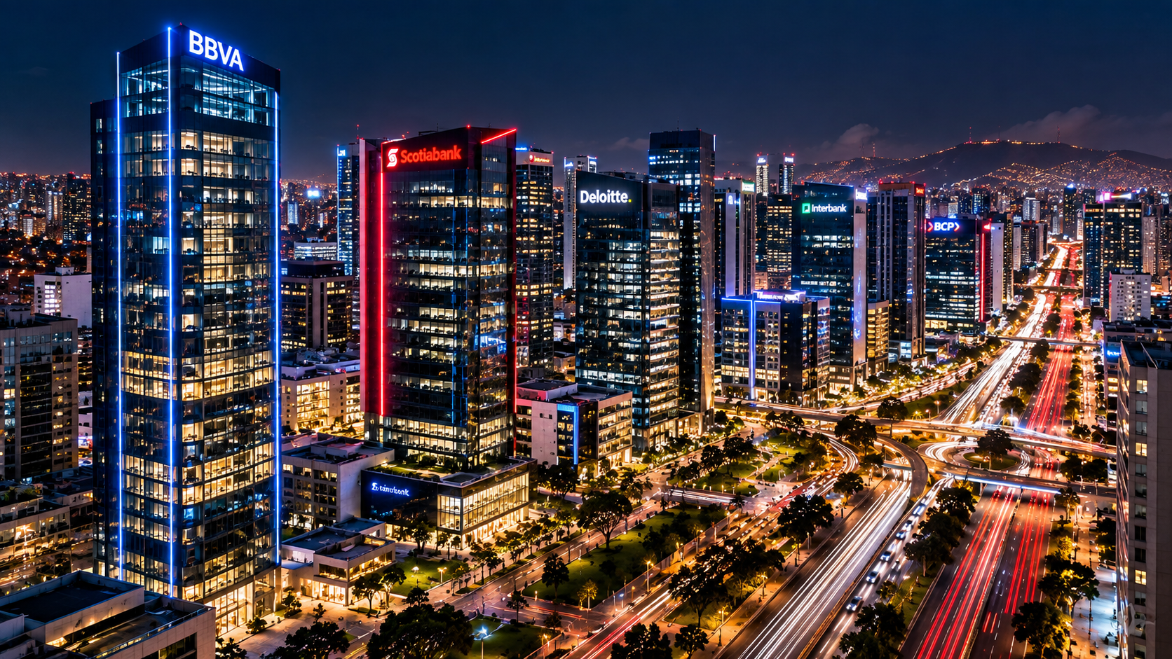 Vista nocturna de edificios y avenidas iluminadas